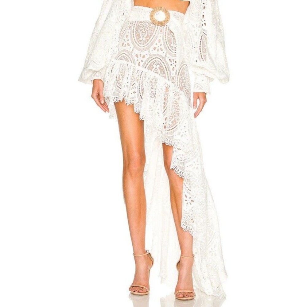 Bronx and Banco White Lace Asymmetrical Skirt with Belt